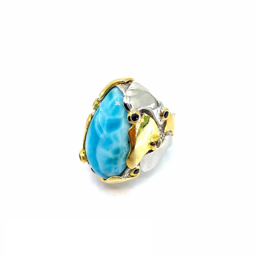 Handmade 925 silver ring with larimar, blue topaz and blue sapphire — one of a kind, Goldlip Thailand