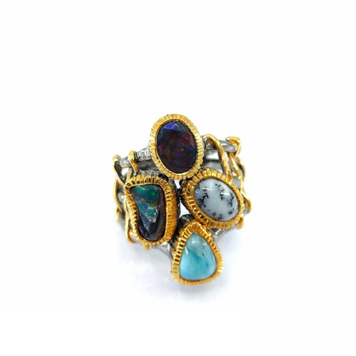 Handmade 925 silver ring with boulder opal, dendritic opal and larimar — one of a kind, Goldlip Thailand