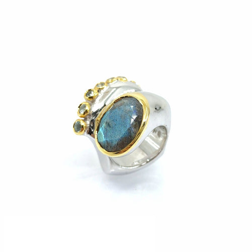 Handmade 925 silver ring with labradorite, blue topaz and blue sapphire — one of a kind, Goldlip Thailand