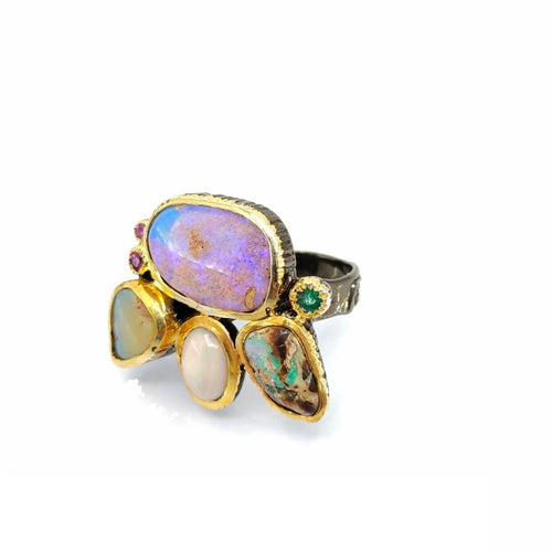 Handmade 925 silver ring with boulder opal, Ethiopian opal and rhodolite — one of a kind, Goldlip Thailand