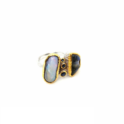 Handmade 925 silver ring with boulder opal, carved labradorite and blue sapphire — one of a kind, Goldlip Thailand