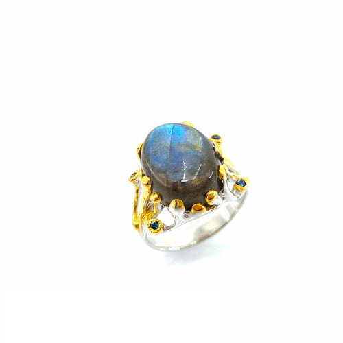 Handmade 925 silver ring with labradorite and blue sapphire — unique one of a kind, Goldlip Thailand
