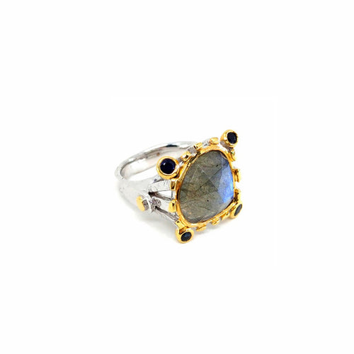 Handmade 925 silver ring with labradorite and blue sapphire — one of a kind, Goldlip Thailand