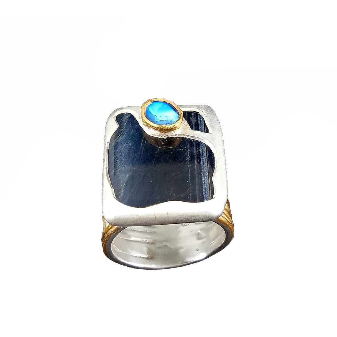 Electro Forming - แหวนเงินแท้ 925 ประดับด้วย Black Tiger Eye และ Spectrolite ชุบ 3 ไมครอน Yellow Gold และ Silver 22K