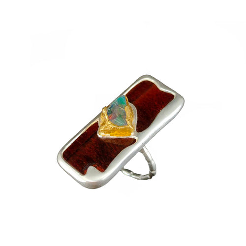 Handmade electroformed 925 silver ring with iron tiger eye and Ethiopian opal — Goldlip Thailand