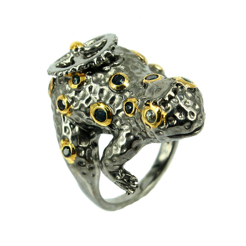 Handmade 925 silver steampunk ring with blue sapphire, grey finish — Goldlip Thailand