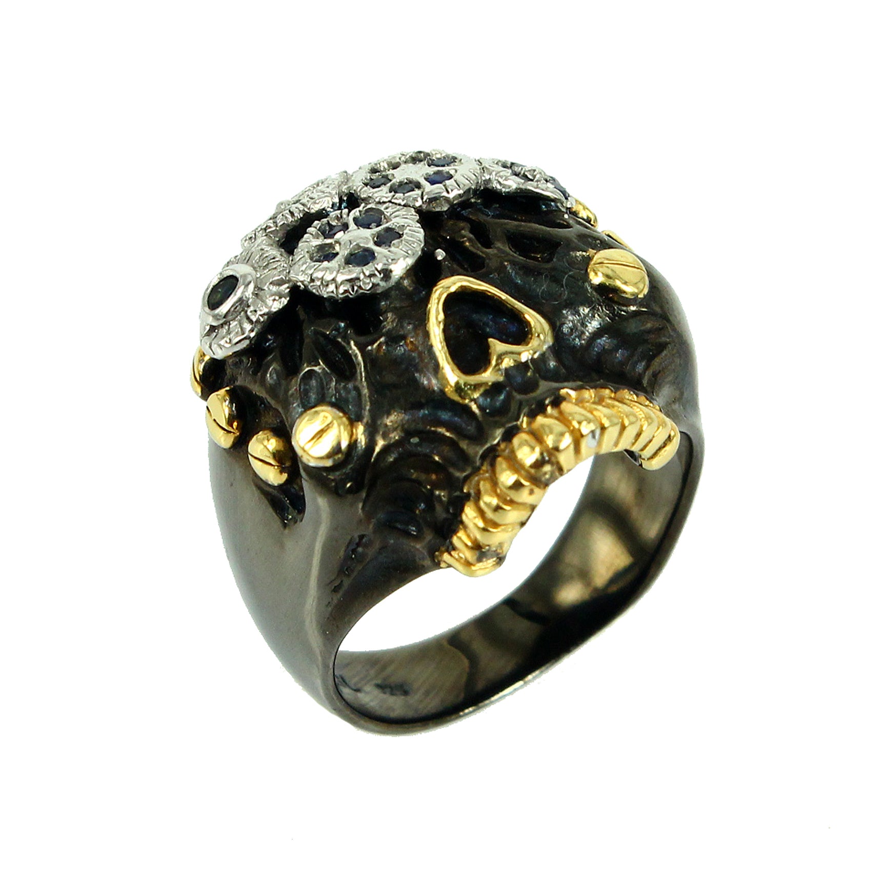 SteamPunk - 925 Sterling Silver Ring, Decorated with Blue Sapphires, Plated with 3 Micron 22K Yellow Gold, Grey Ruthenium and Black Rhodium