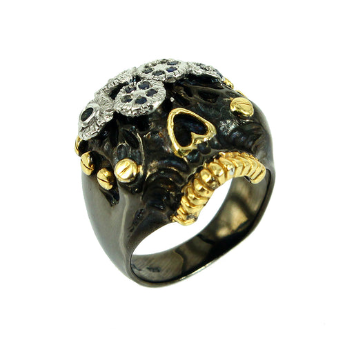 Handmade 925 silver steampunk ring with blue sapphire, black finish — Goldlip Thailand