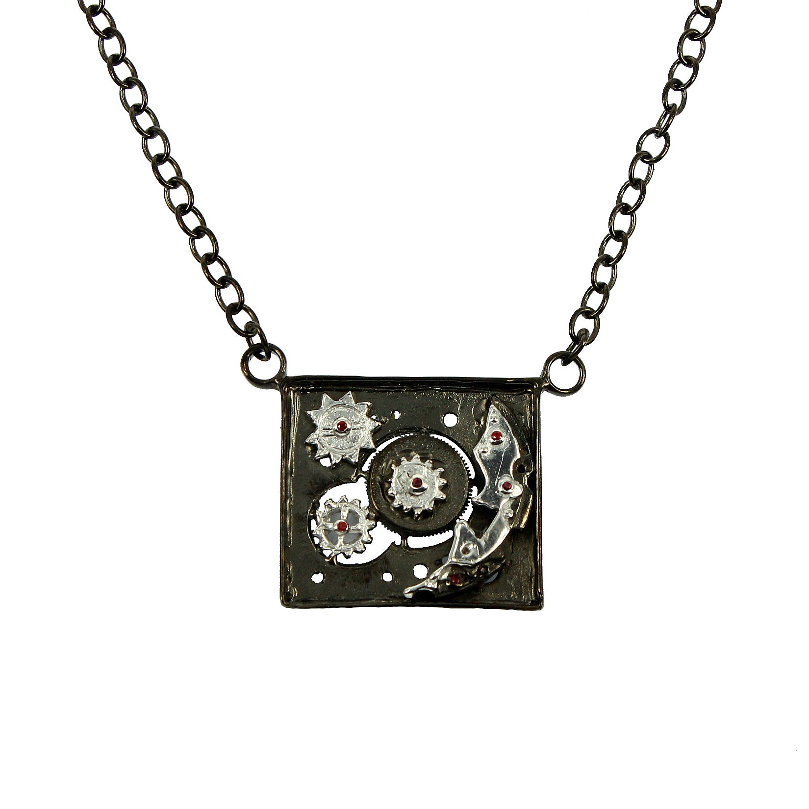 SteamPunk - 925 Sterling Silver Necklace, Decorated with Red Sapphires, Plated with White and Black Rhodium