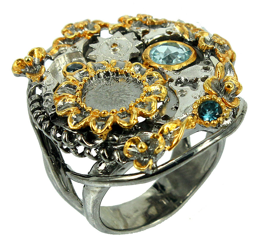 SteamPunk - แหวนเงินแท้ 925 ประดับด้วย Blue Topaz และ Blue Sapphires ชุบ 3 ไมครอน Yellow Gold 22K และ Grey Ruthenium