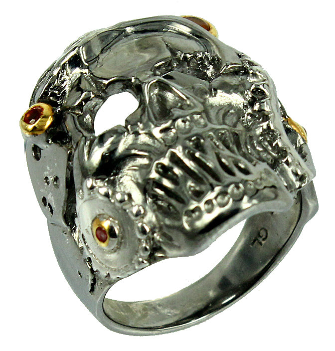 SteamPunk - แหวนเงินแท้ 925 ประดับพลอยแซฟไฟร์สีส้มชุบ 3 ไมครอนเยลโลว์โกลด์ 22K และรูทีเนียมสีเทา