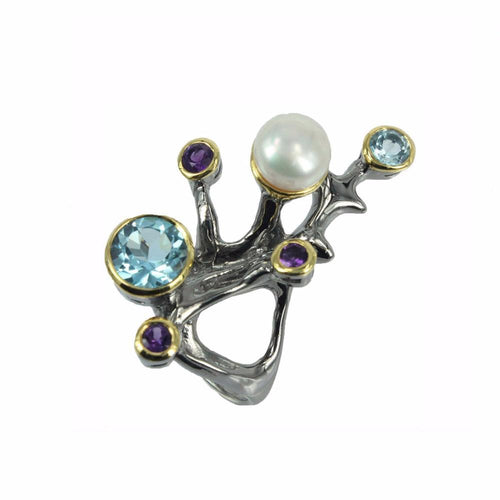 Coral Love Flemma Blue Topaz Amethyst Ring in 925 sterling silver, Goldlip Jewelry