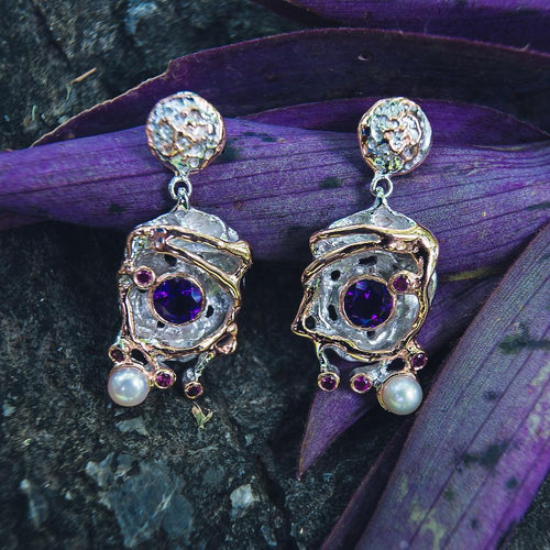 Alice Amethyst Garnet Pearl Earrings in 925 sterling silver, Goldlip Jewelry