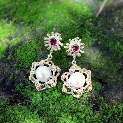 Alice Pearl Garnet Pink Sapphire Drop Earrings in 925 sterling silver, Goldlip Jewelry