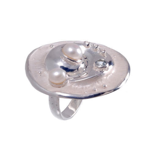 Aqua White Pearl Blue Topaz Ring in 925 sterling silver, Goldlip Jewelry