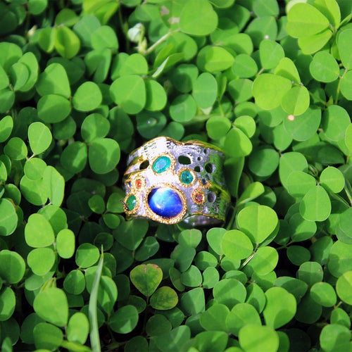 Alice Spectrolite Emerald Sapphire Ring in 925 sterling silver, Goldlip Jewelry