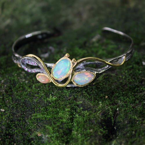 Opal Magic Ethiopian Opal Pink Sapphire Bangle in 925 sterling silver, Goldlip Jewelry