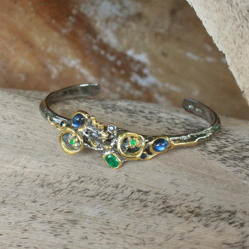 Fern & Leaf Emerald Spectrolite Sapphire Bangle in 925 sterling silver, Goldlip Jewelry