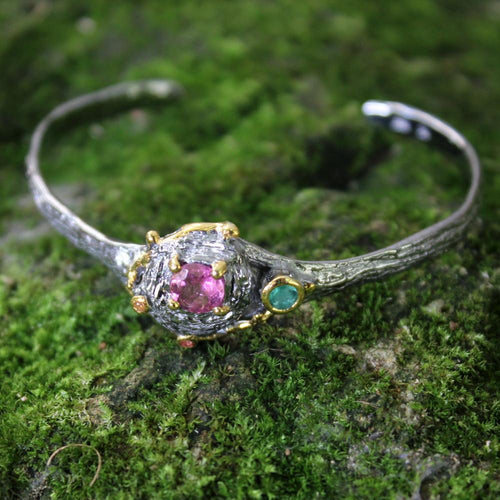 Alice Pink Tourmaline Emerald Sapphire Bangle in 925 sterling silver, Goldlip Jewelry