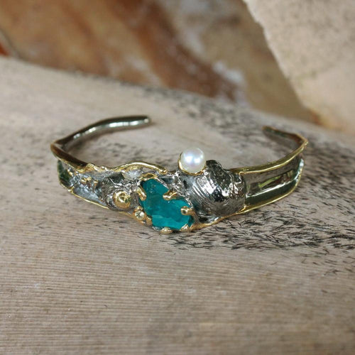 Aqua Apatite Pearl Sapphire Bangle in 925 sterling silver, Goldlip Jewelry