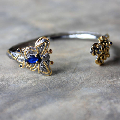 Fern & Leaf Spectrolite Sapphire Bangle in 925 sterling silver, Goldlip Jewelry