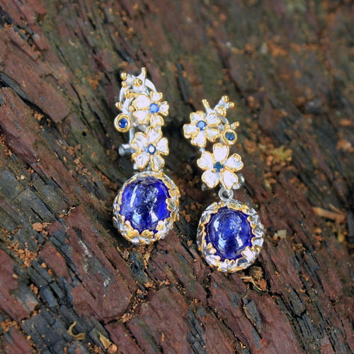 Fern & Leaf Blue Cabochon Sapphire Earrings in 925 sterling silver, Goldlip Jewelry