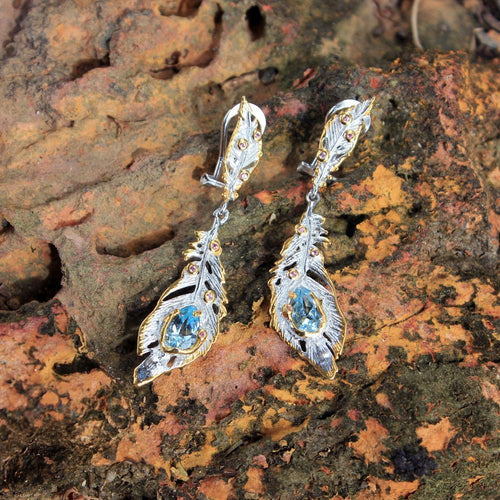 Fern & Leaf Blue Topaz Sapphire Earrings in 925 sterling silver, Goldlip Jewelry