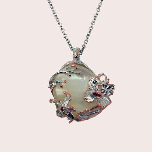 Fern & Leaf Mother of Pearl Sapphire Pendant in 925 sterling silver, Goldlip Jewelry