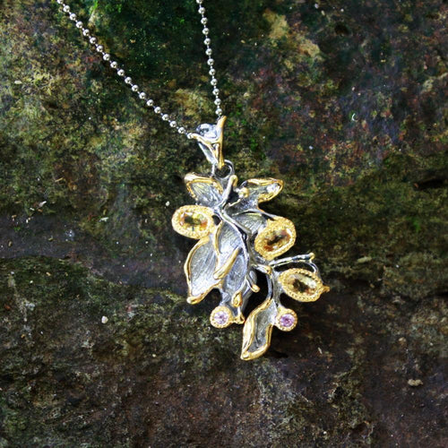 Fern & Leaf Orange Pink Sapphire Pendant in 925 sterling silver, Goldlip Jewelry